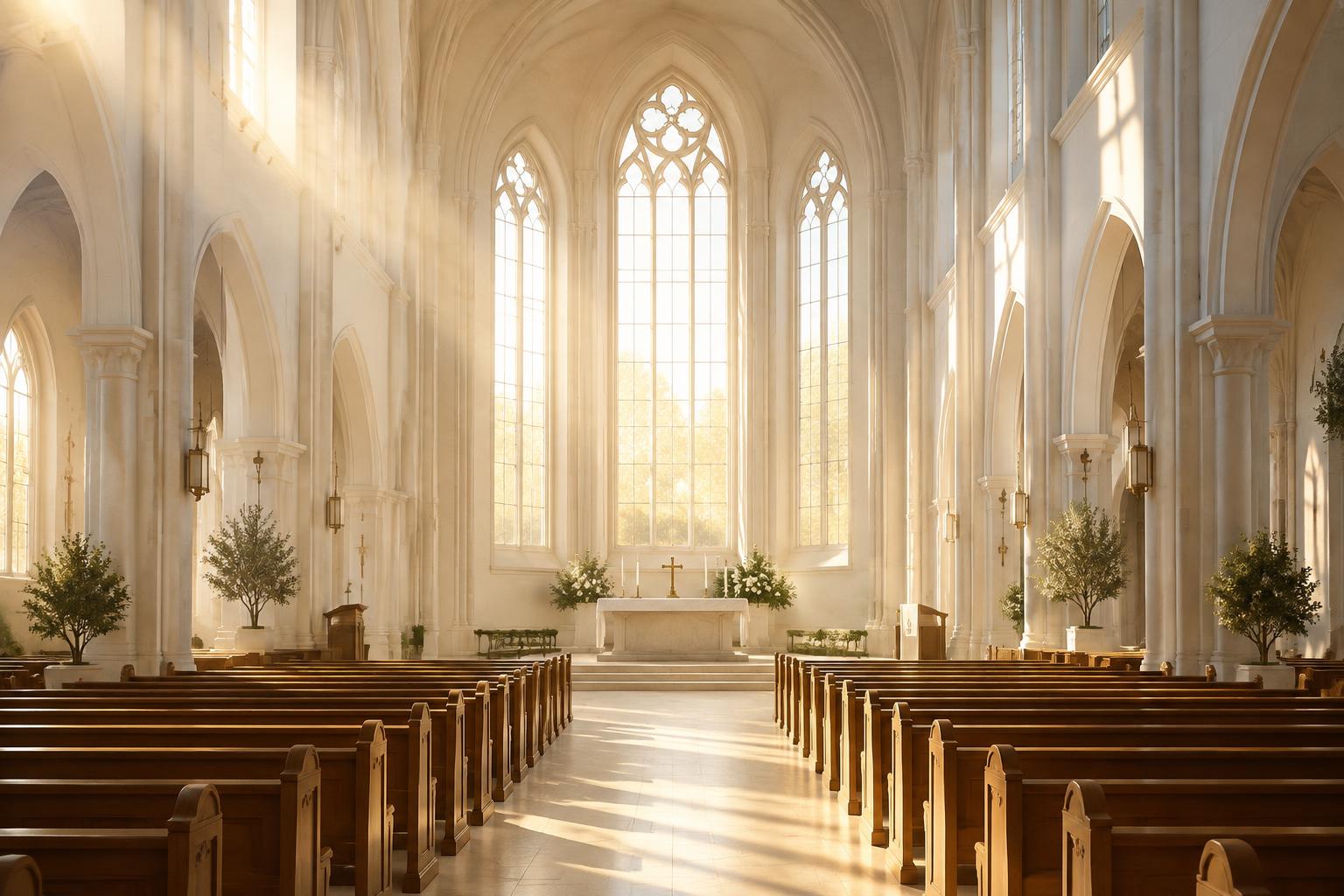 Sunlit church sanctuary with arched windows
